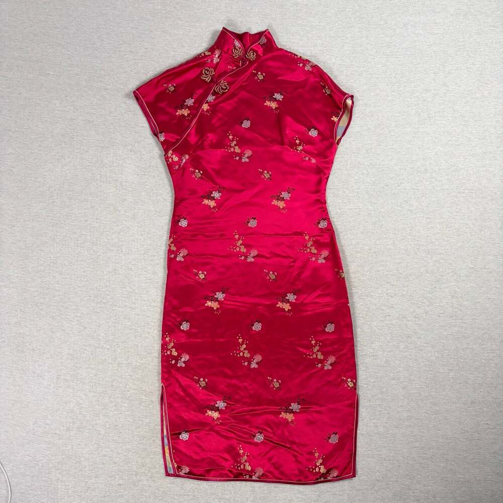 Vintage Peony Brand Shanghai China Red Floral Satin Cheongsam Qipao Dress